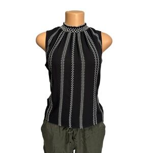 White House Black Market Black White Embroidered Smocked Mock Neck Shell Top 4